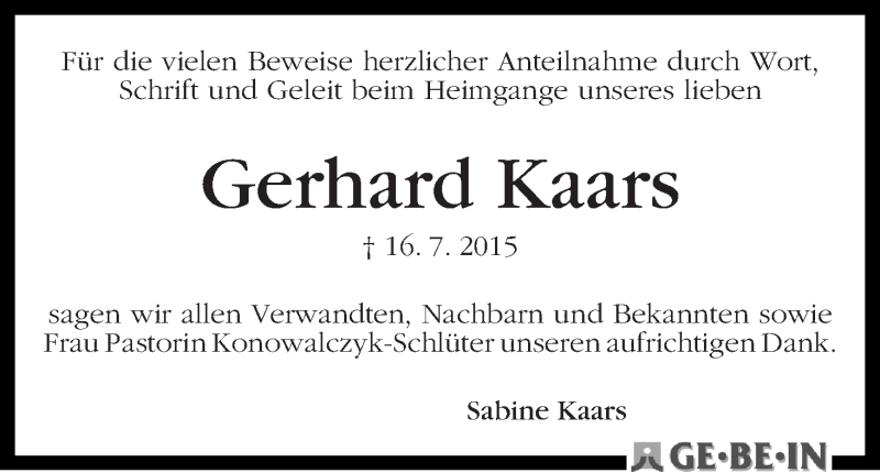Traueranzeige von Gerhard Kaars von WESER-KURIER