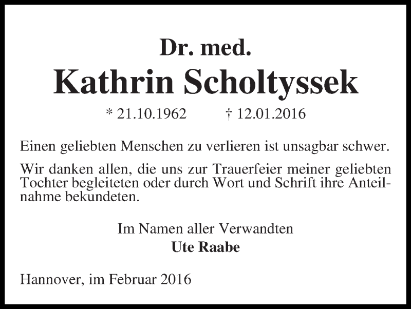  Traueranzeige für Kathrin Scholtyssek vom 20.02.2016 aus Die Norddeutsche
