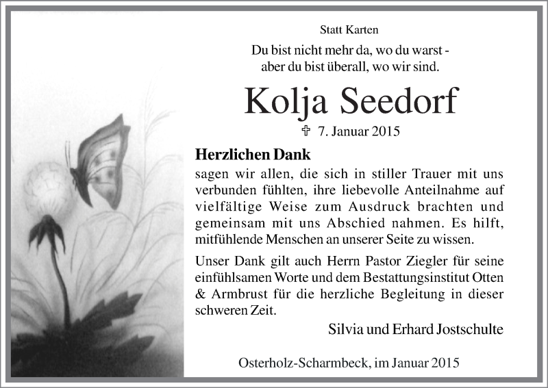 Traueranzeige von Kolja Seedorf von Osterholzer Kreisblatt