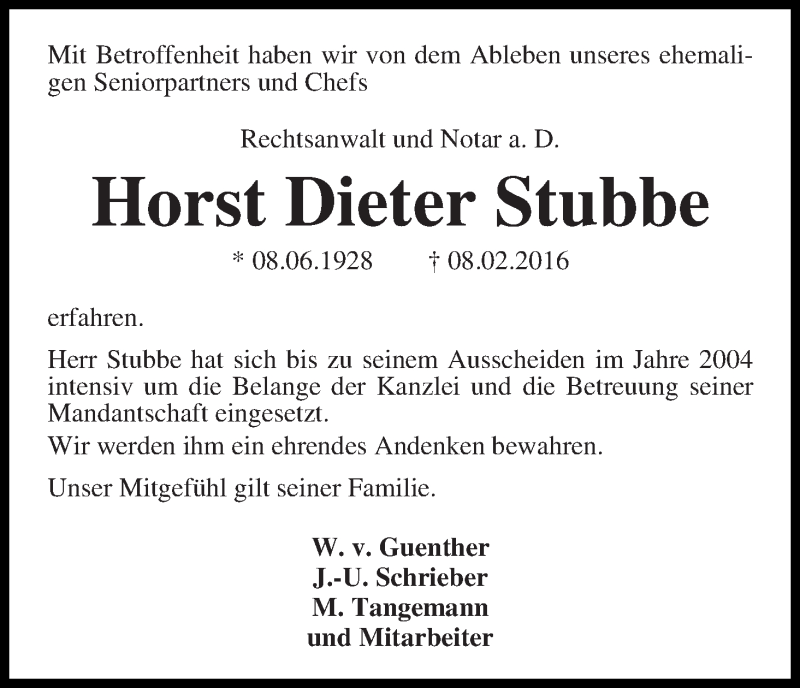Traueranzeige von Horst Dieter Stubbe von WESER-KURIER
