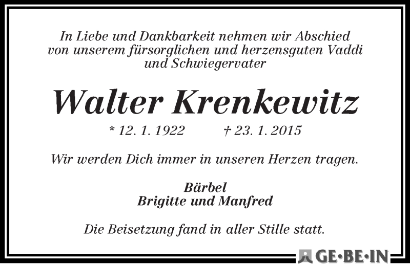 Traueranzeige von Walter Krenkewitz von WESER-KURIER