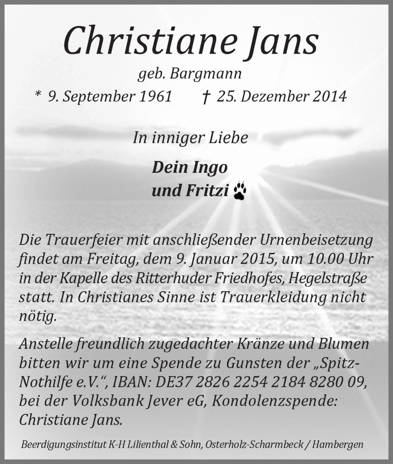  Traueranzeige für Christiane Jans vom 03.01.2015 aus WESER-KURIER