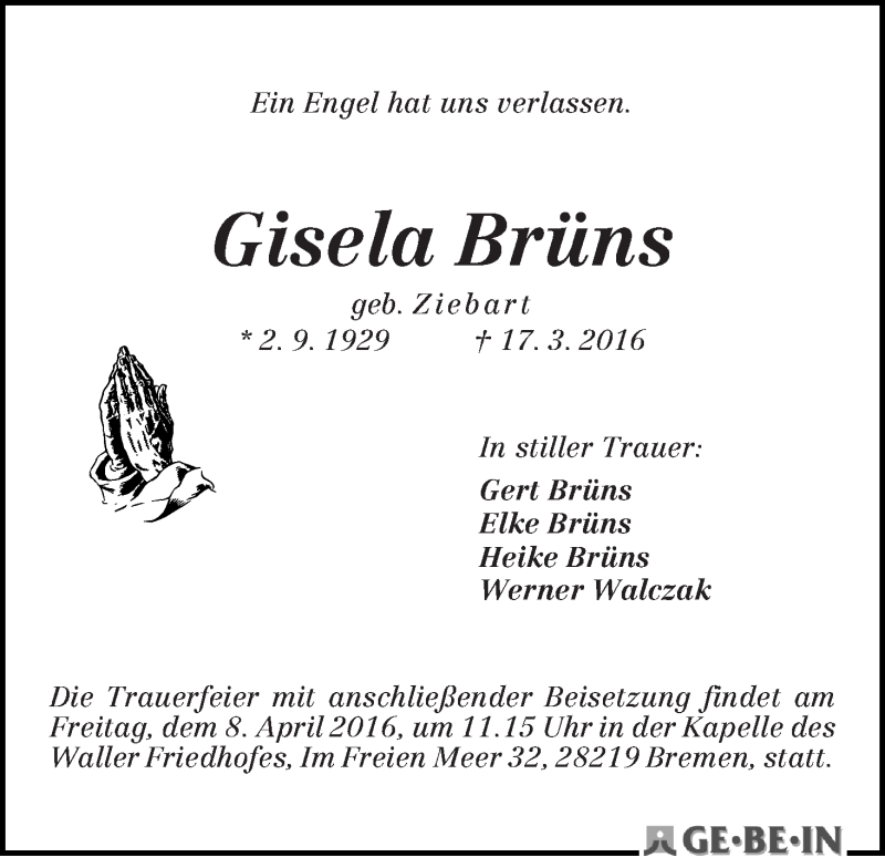 Traueranzeige von Gisela Brüns von WESER-KURIER