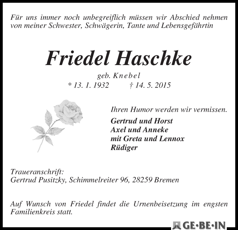 Traueranzeige von Friedel Haschke von WESER-KURIER