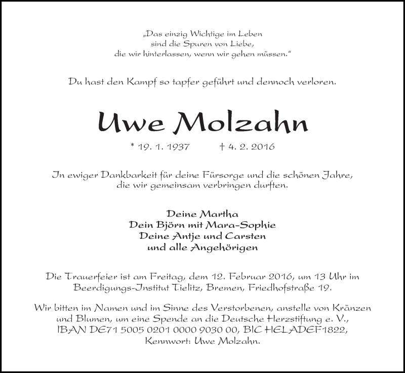 Traueranzeige von Uwe Molzahn von WESER-KURIER