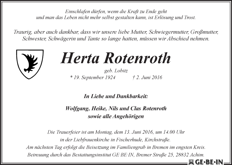 Traueranzeige von Herta Rotenroth von WESER-KURIER