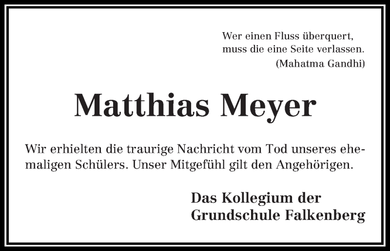  Traueranzeige für Matthias Meyer vom 12.01.2015 aus Wuemme Zeitung