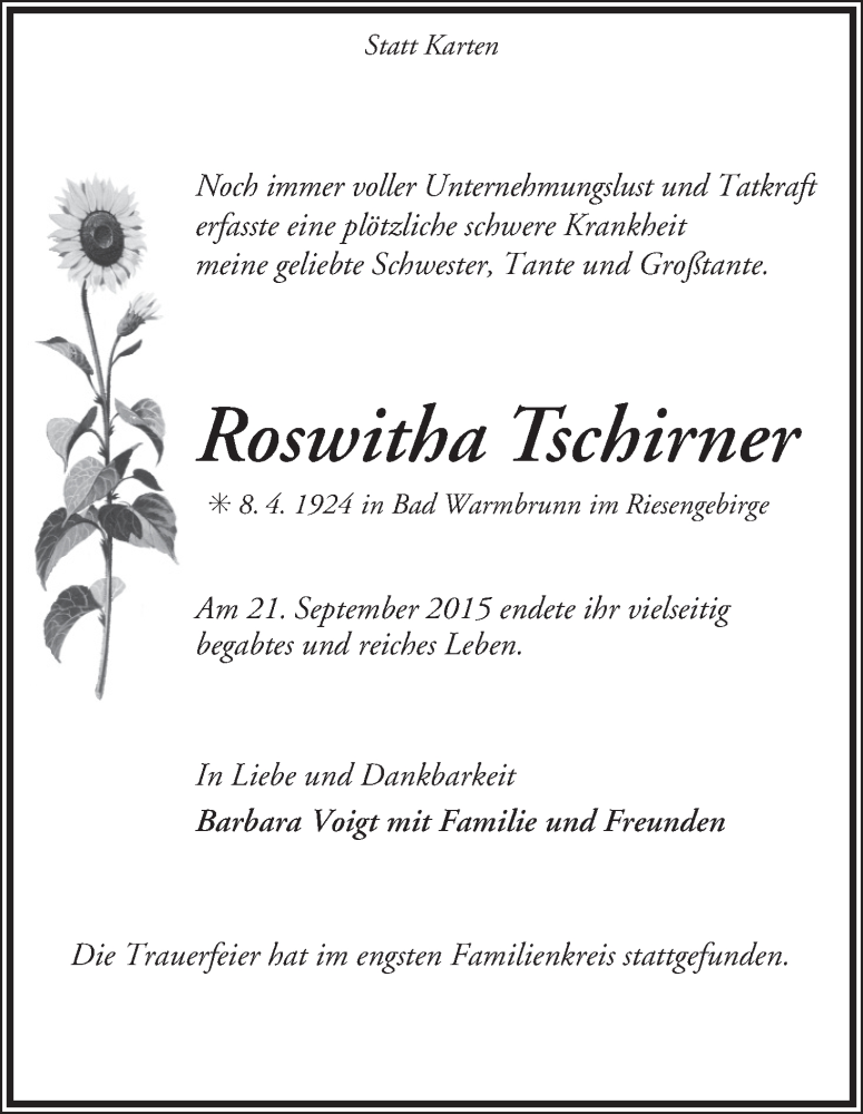 Traueranzeige von Roswitha Tschirner von Achimer Kurier/Verdener Nachrichten