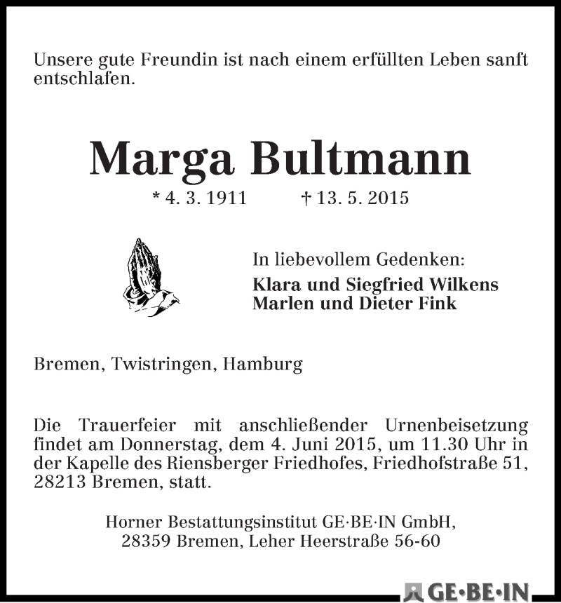 Traueranzeige von Marga Bultmann von WESER-KURIER