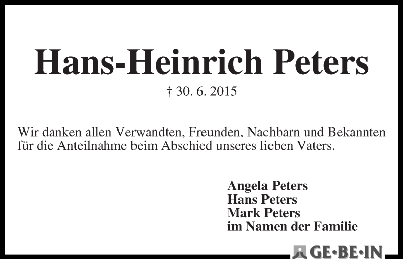 Traueranzeige von Hans-Heinrich Peters von WESER-KURIER