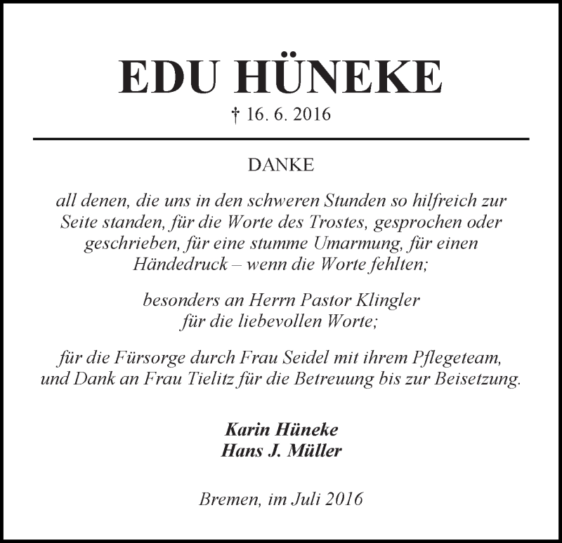Traueranzeige von Eduard (Edu) Hüneke von WESER-KURIER