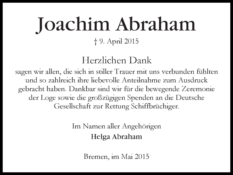 Traueranzeige von Joachim Abraham von WESER-KURIER