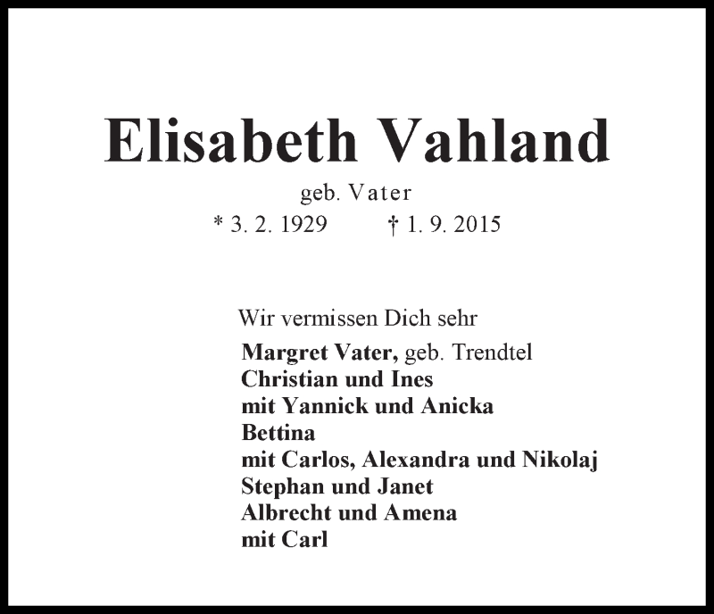 Traueranzeige von Elisabeth Vahland von WESER-KURIER