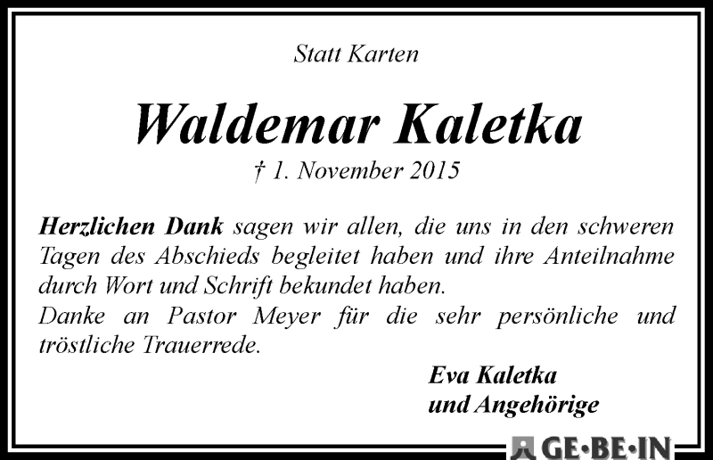 Traueranzeige von Waldemar Kaletka von WESER-KURIER