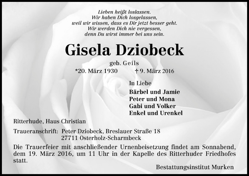 Traueranzeige von Gisela Dziobeck von Osterholzer Kreisblatt