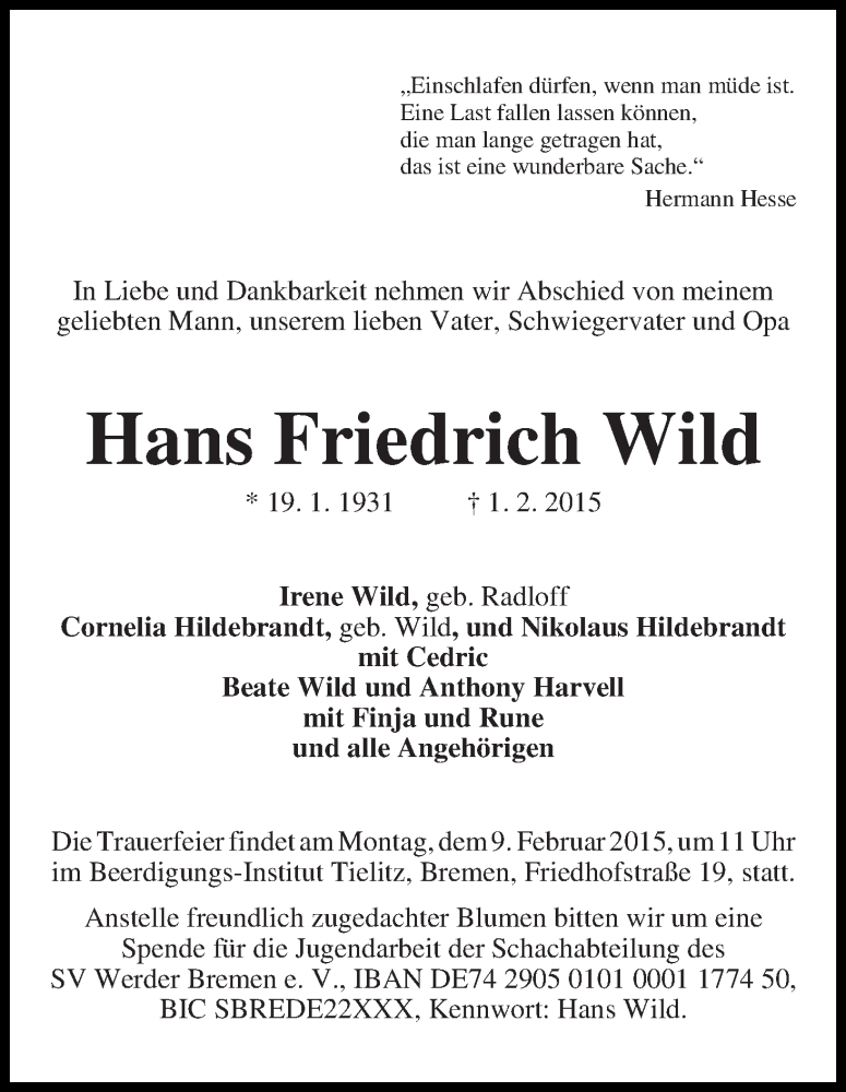 Traueranzeige von Hans Friedrich Wild von WESER-KURIER