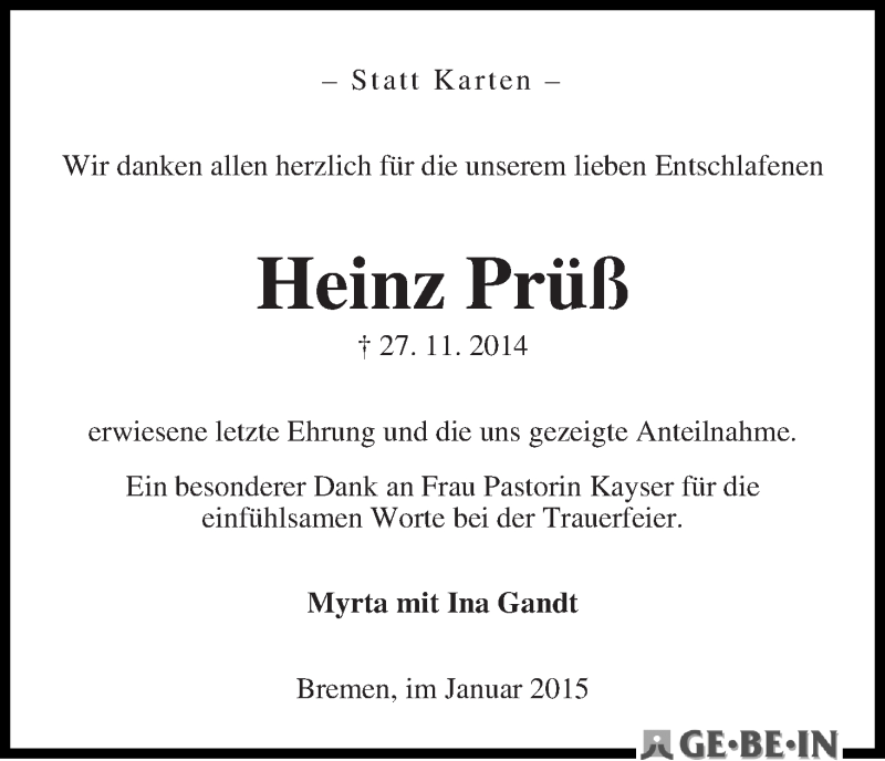 Traueranzeige von Heinz Prüß von WESER-KURIER