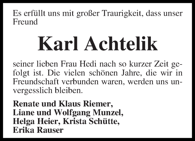 Traueranzeige von Karl Achtelik von WESER-KURIER