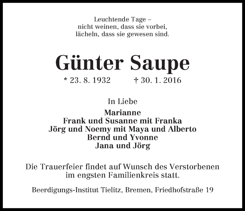 Traueranzeige von Günter Saupe von WESER-KURIER