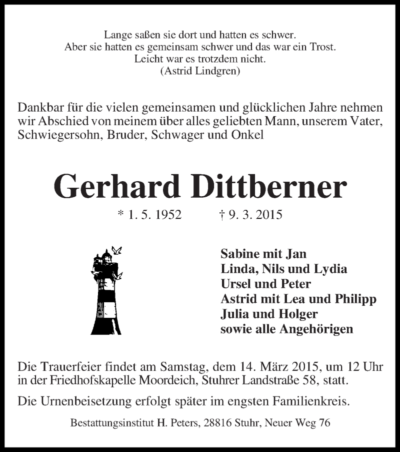 Traueranzeige von Gerhard Dittberner von WESER-KURIER