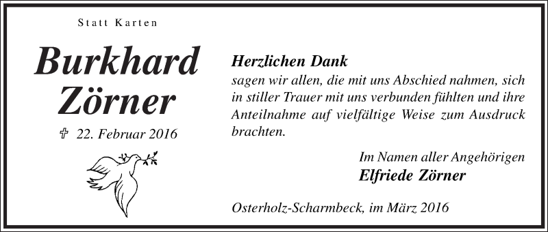 Traueranzeige von Burkhard Zörner von Osterholzer Kreisblatt