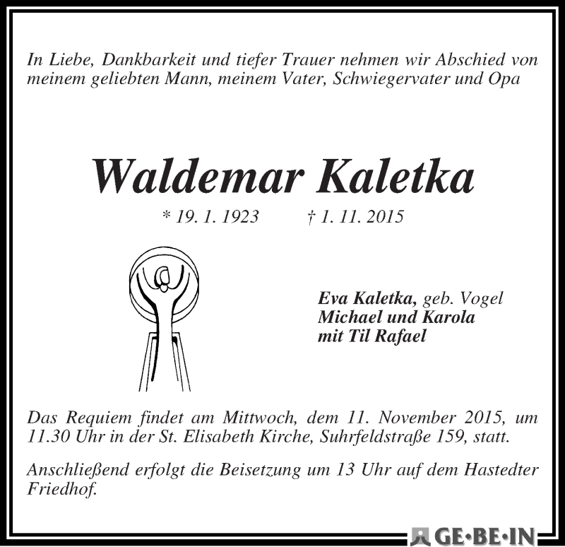 Traueranzeige von Waldemar Kaletka von WESER-KURIER