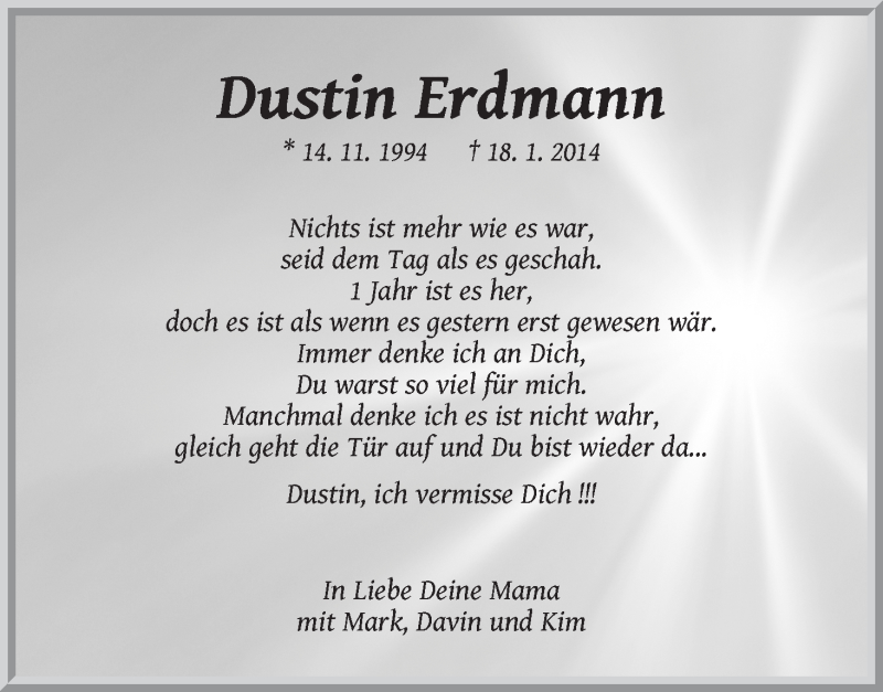  Traueranzeige für Dustin Erdmann vom 17.01.2015 aus Regionale Rundschau/Syker Kurier