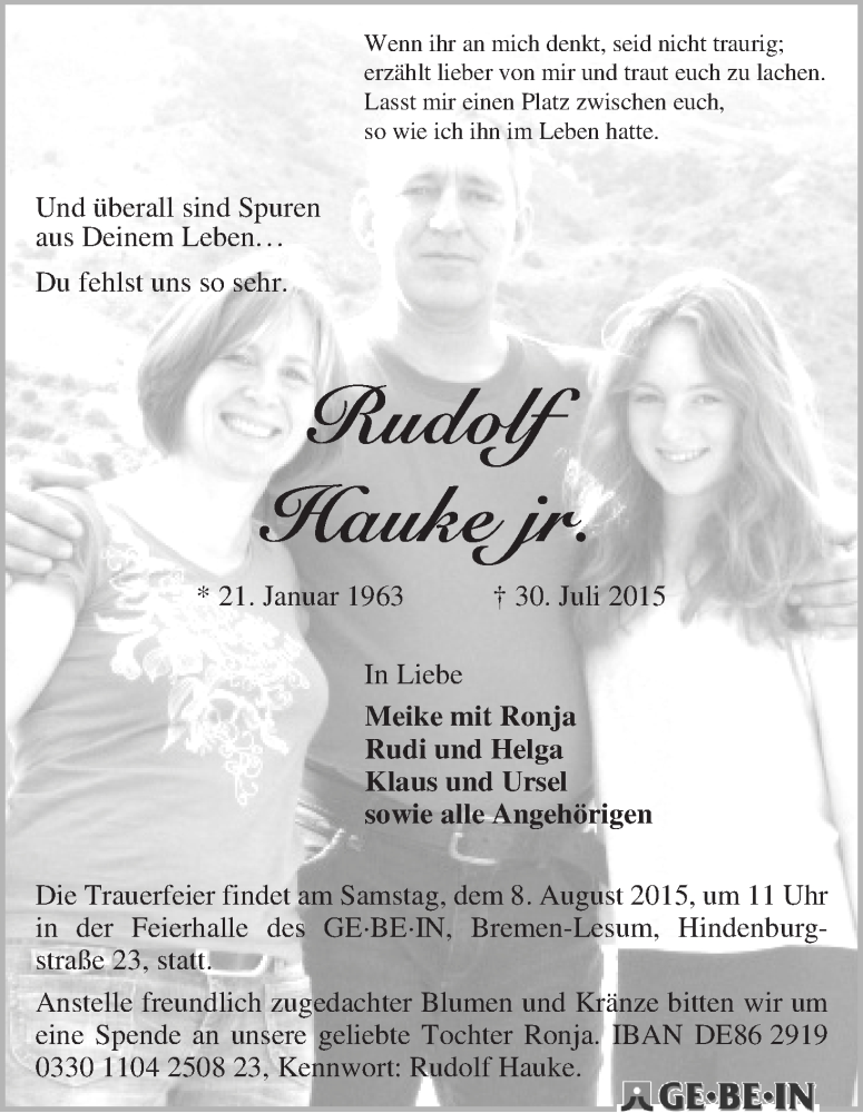 Traueranzeige von Rudolf Hauke von Die Norddeutsche