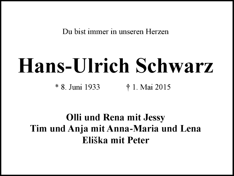 Traueranzeige von Hans-Ulrich Schwarz von Wuemme Zeitung