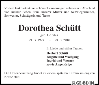 Traueranzeige von Dorothea Schütt