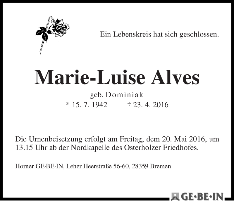 Traueranzeige von Marie-Luise Alves von WESER-KURIER