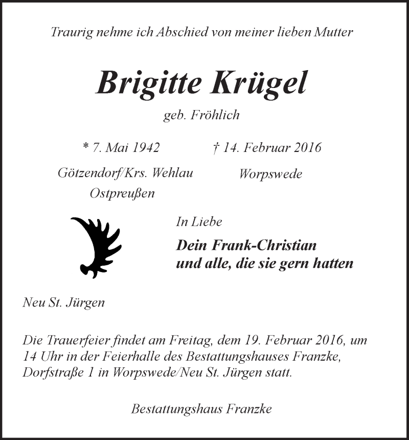 Traueranzeige von Brigitte Krügel von Wuemme Zeitung