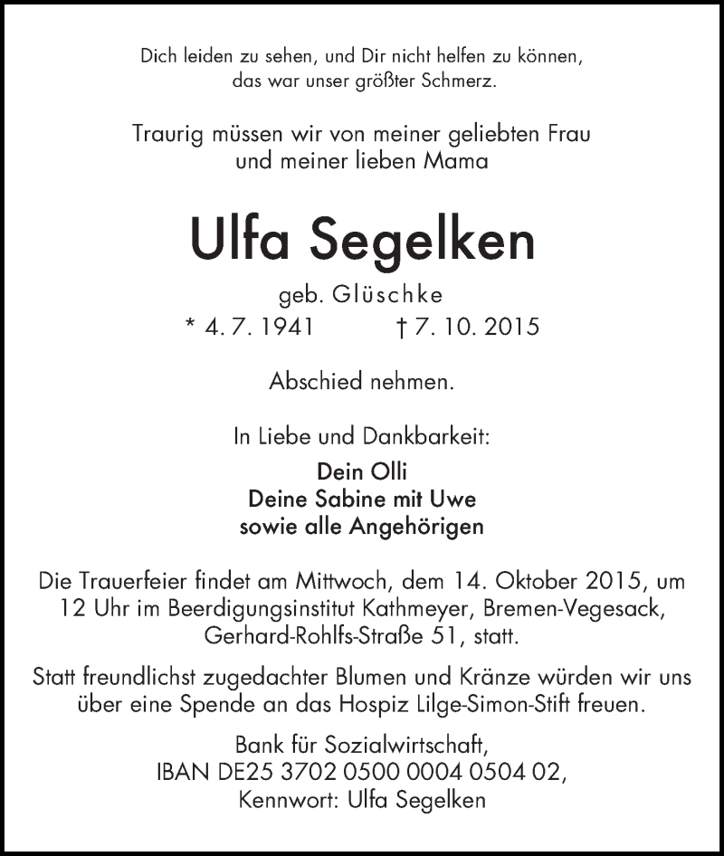 Traueranzeige von Ulfa Segelken von Die Norddeutsche
