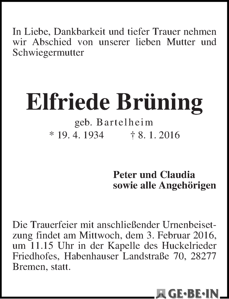 Traueranzeige von Elfriede Brüning von WESER-KURIER