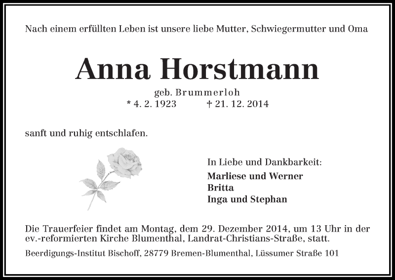 Traueranzeige von Anna Horstmann von Die Norddeutsche