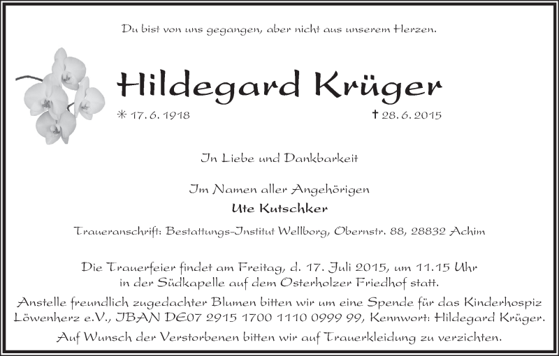 Traueranzeige von Hildegard Krüger von WESER-KURIER