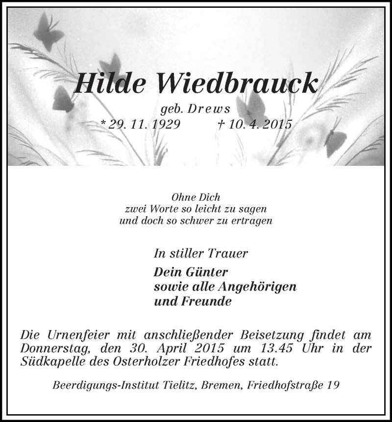  Traueranzeige für Hilde Wiedbrauck vom 18.04.2015 aus WESER-KURIER