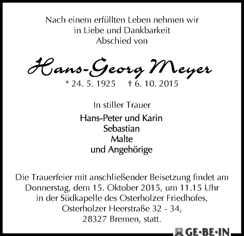 Traueranzeige von Hans-Georg Meyer von WESER-KURIER