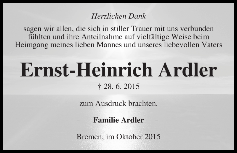 Traueranzeige von Ernst-Heinrich Ardler von WESER-KURIER