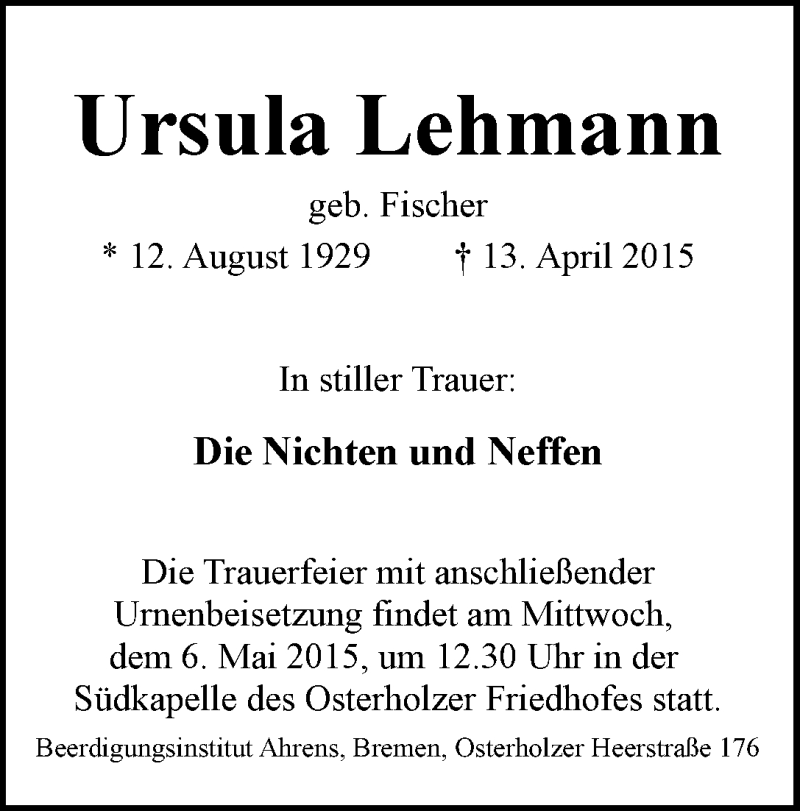 Traueranzeige von Ursula Lehmann von WESER-KURIER