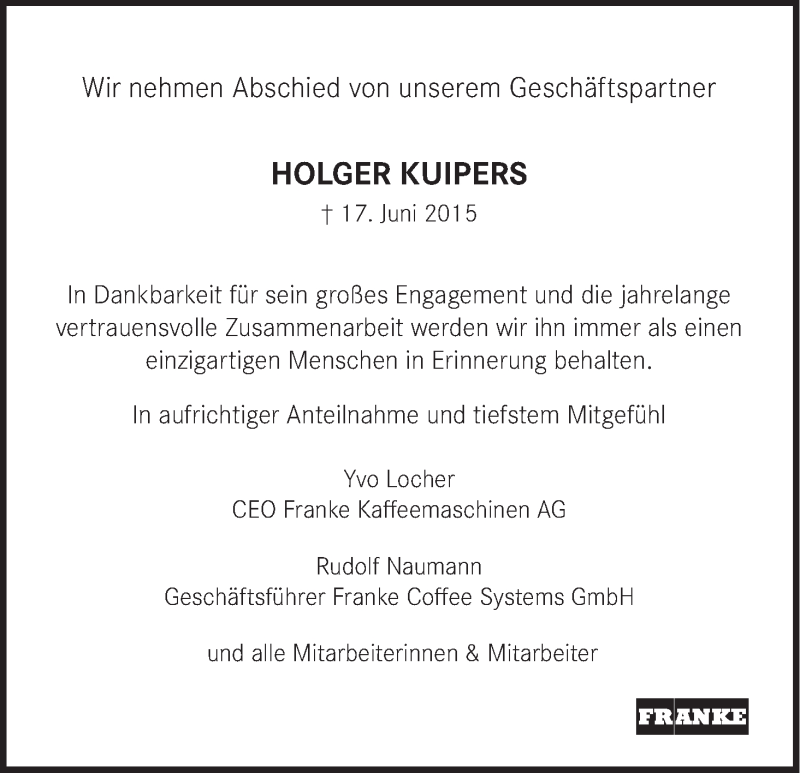  Traueranzeige für Holger Kuipers vom 27.06.2015 aus WESER-KURIER