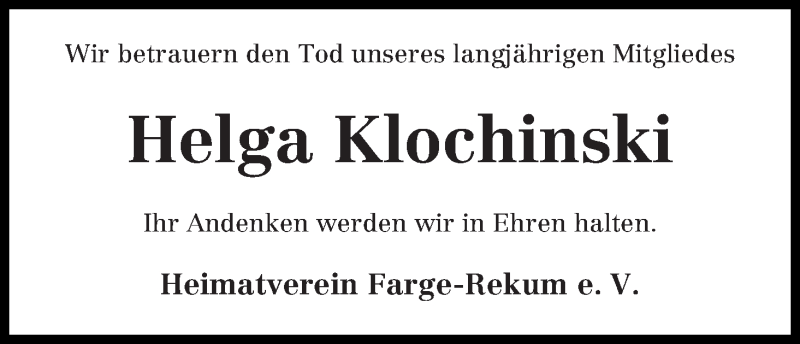 Traueranzeige von Helga Klochinski von Die Norddeutsche