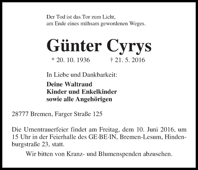 Traueranzeige von Günter Cyrys von WESER-KURIER