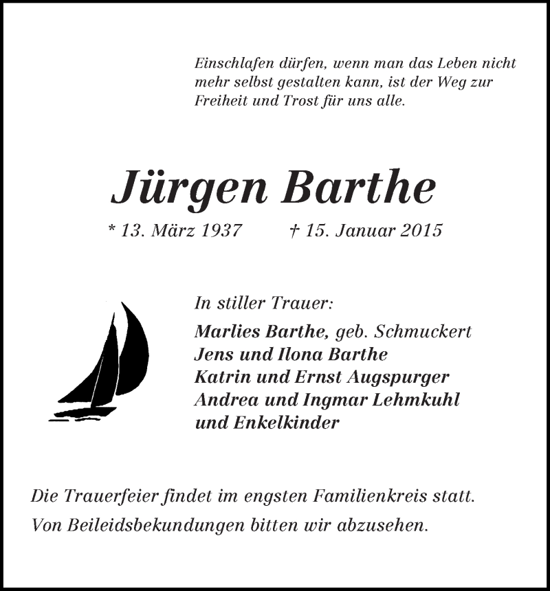 Traueranzeige von Jürgen Barthe von WESER-KURIER