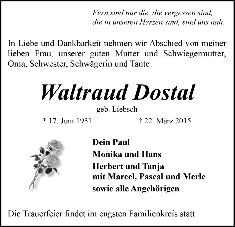 Traueranzeige von Waltraud Dostal von WESER-KURIER