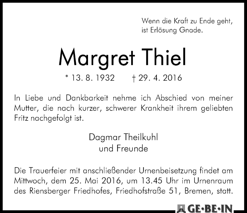 Traueranzeige von Margret Thiel von WESER-KURIER