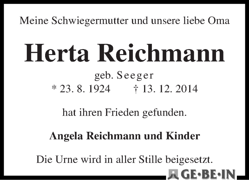 Traueranzeige von Herta Reichmann von WESER-KURIER