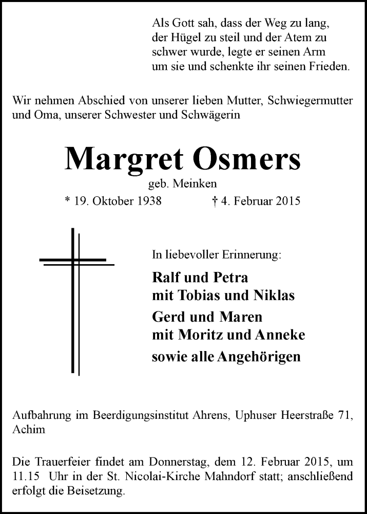 Traueranzeige von Margret Osmers von Achimer Kurier/Verdener Nachrichten