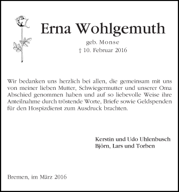 Traueranzeige von Erna Wohlgemuth