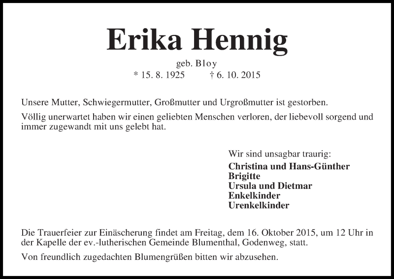 Traueranzeige von Erika Hennig von Die Norddeutsche